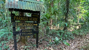 A signpost in a forested area with directions to 'Paraíso Verde' and 'Corcovado' with a private entrance. - Paraisoverde -Corcovado (DrakeBay)
