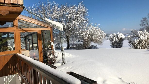 A wooden building with a glass enclosure, surrounded by snow-covered trees and a clear sky.