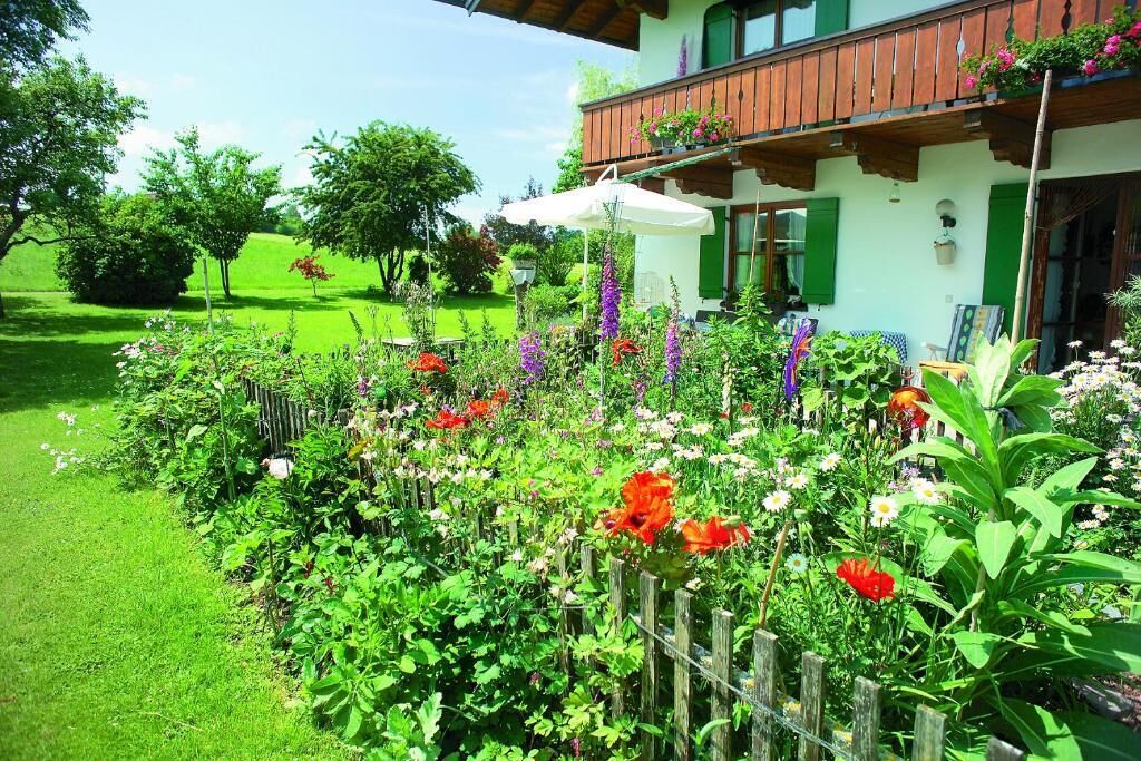 A garden with a wooden fence, various flowers, and a building with a balcony.