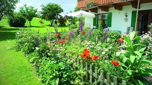 A garden with a wooden fence, various flowers, and a building with a balcony.