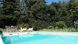 Piscina com espreguiçadeiras e cerca de metal.