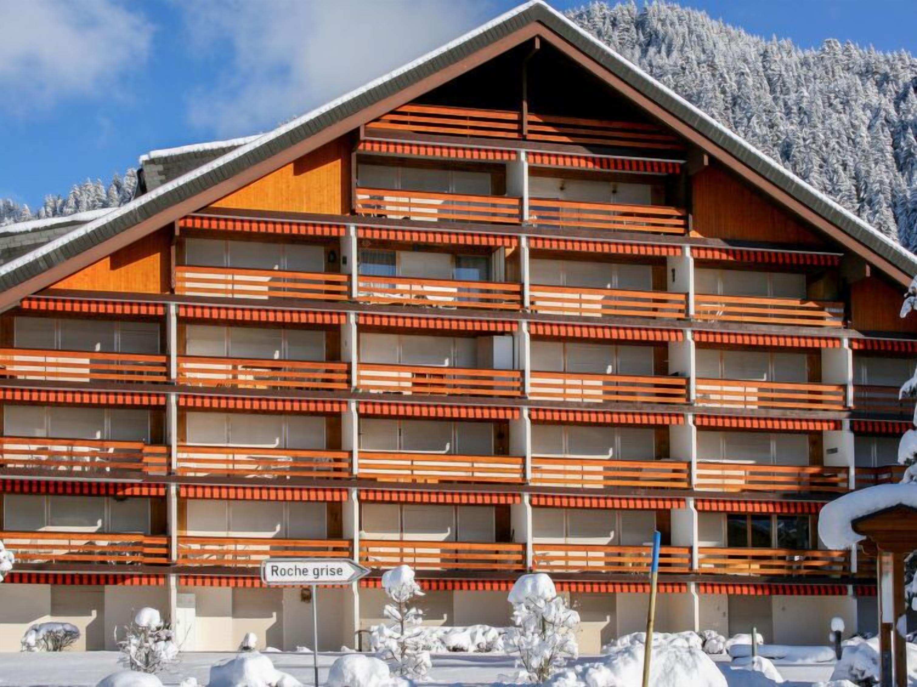 A multi-story building with balconies, a sign reading 'Roche grise,' and a snowy mountain backdrop.