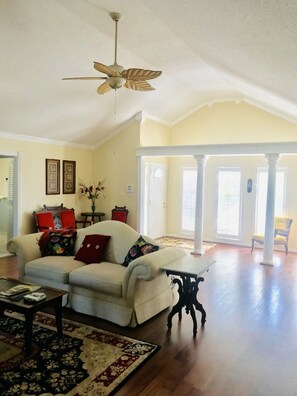 Smart TV, fireplace, books