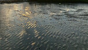 Ranta, jossa auringonlasku värjää taivaan, hiekka on kostea ja rannikko siintää kauempana.
