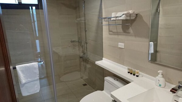 A bathroom with a glass shower enclosure, a toilet, a sink with toiletries, and a towel rack.