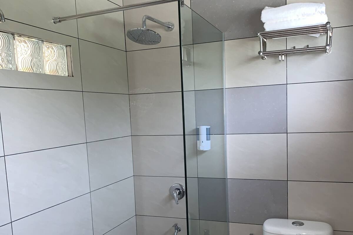 Shower, free toiletries, hair dryer, towels