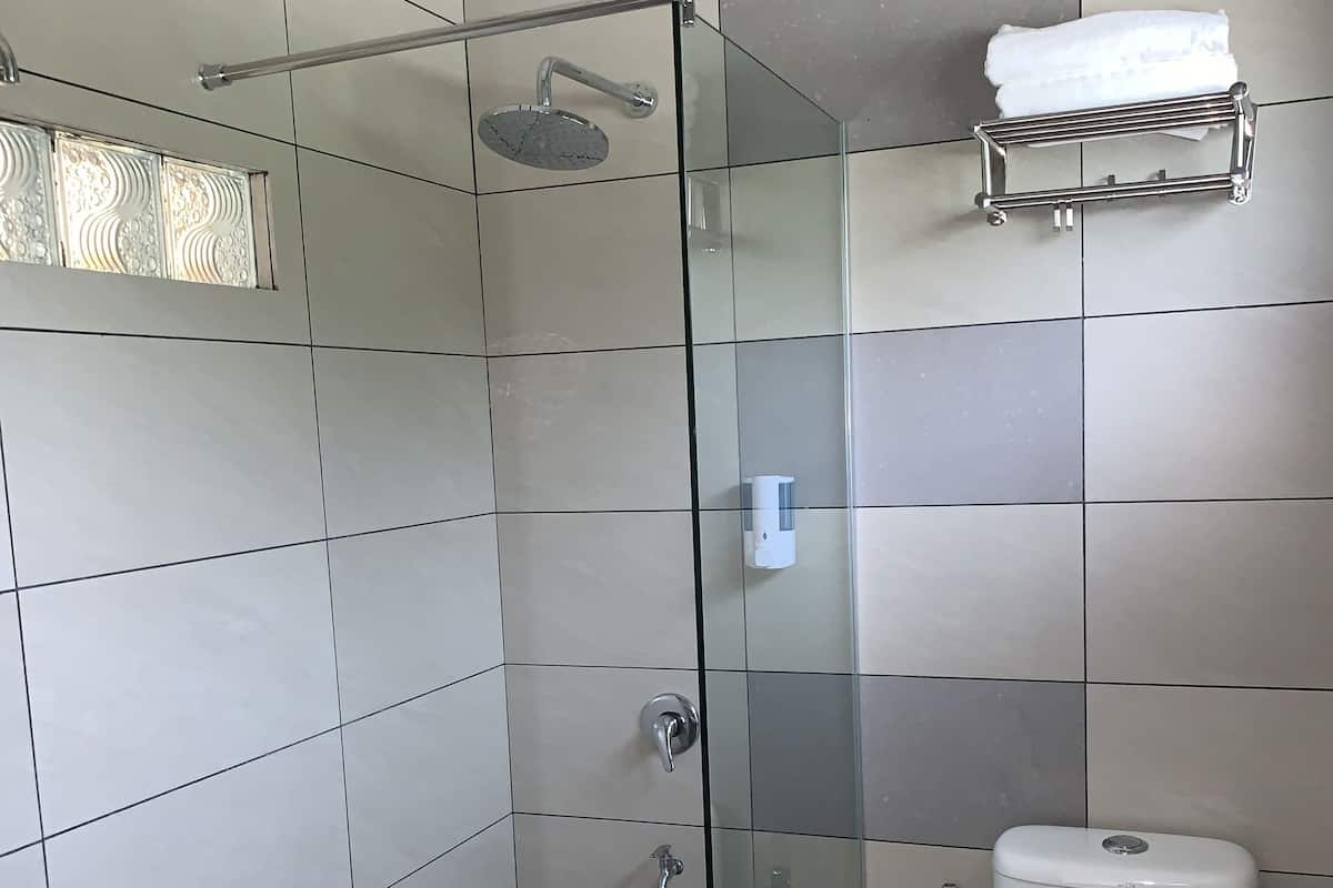 Chuveiro, produtos de toalete grátis, secador de cabelo