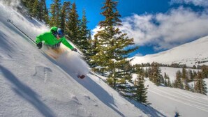 A skier on a snowy slope with trees and a clear sky. - Grand Timber One Bdr Master Full Kitchen Breckenridge, CO Ski-In/Out 5 Star (Breckenridge)
