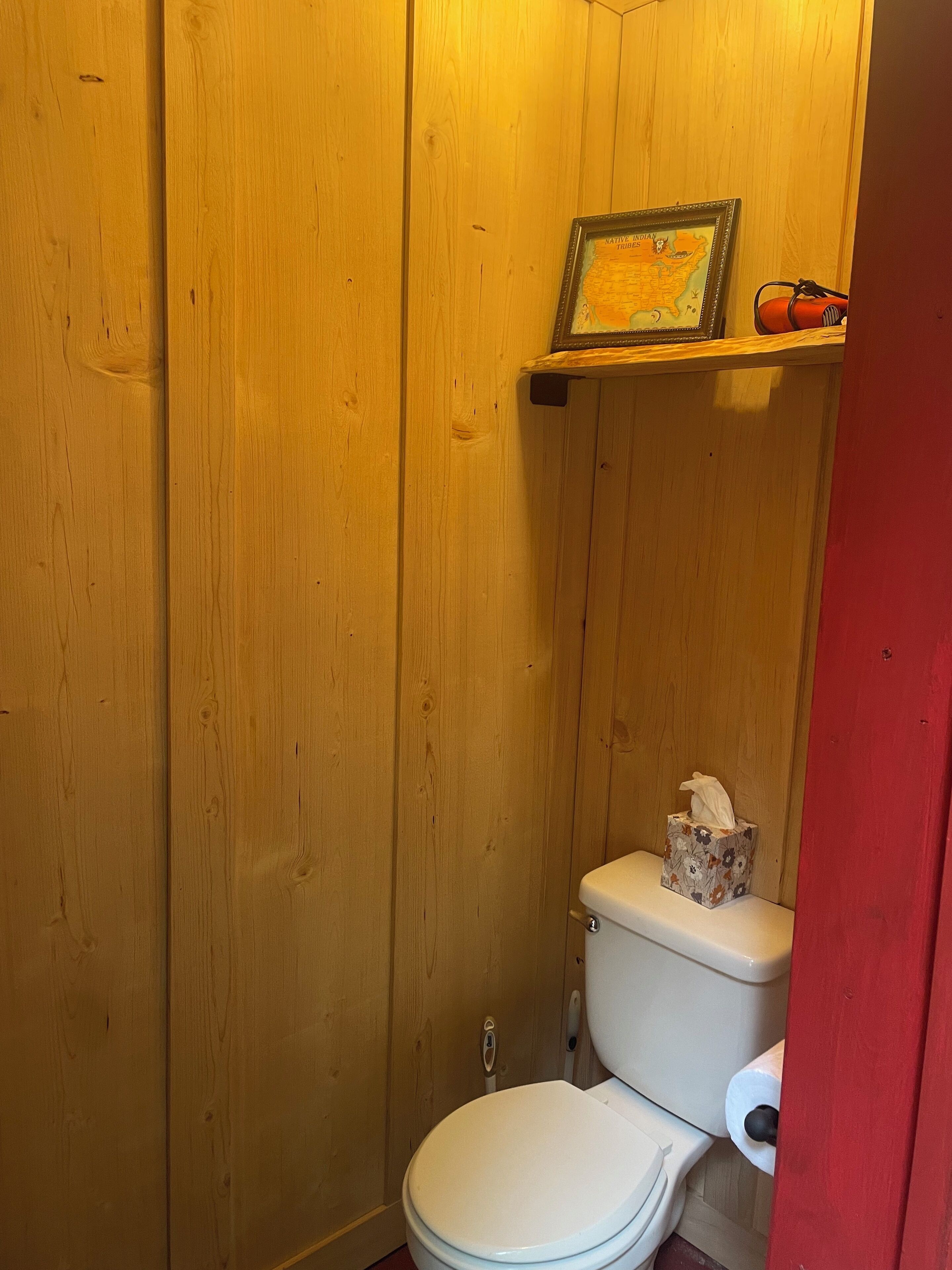 A small, wooden-paneled bathroom with a toilet, a framed map on the wall, and a tissue box on the shelf.