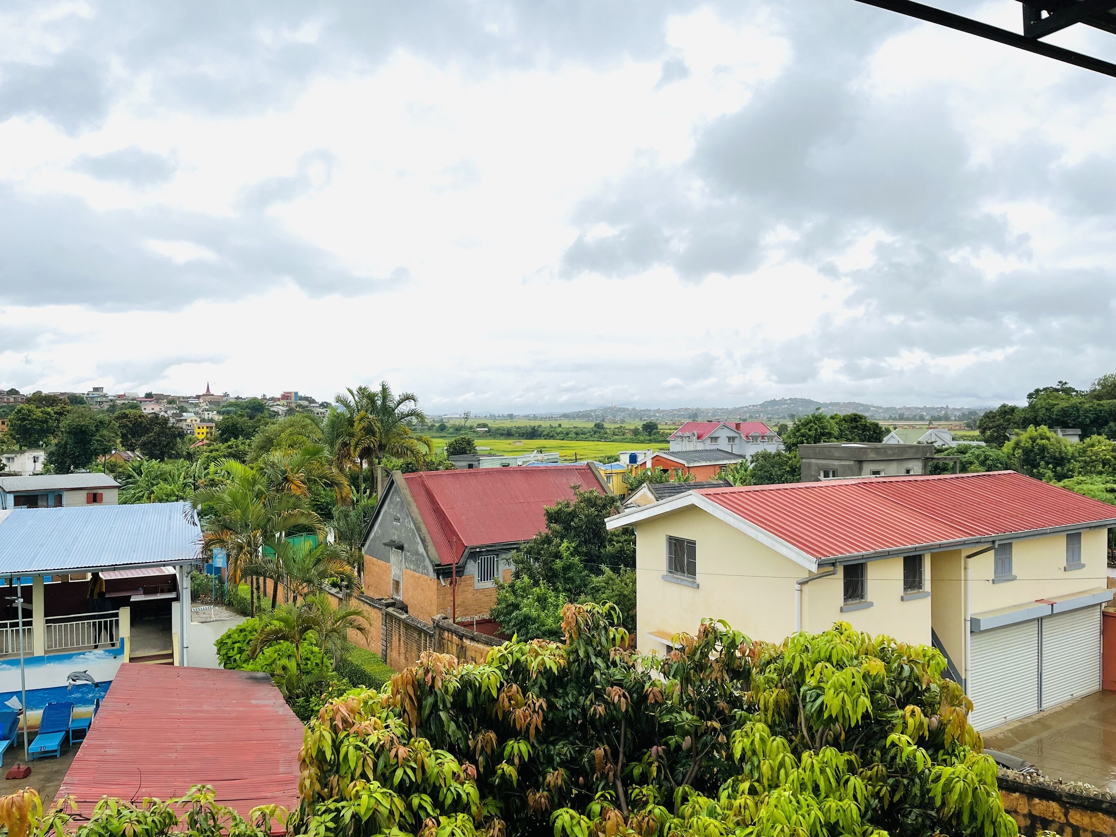 A residential area with houses, a swimming pool, and lush greenery.