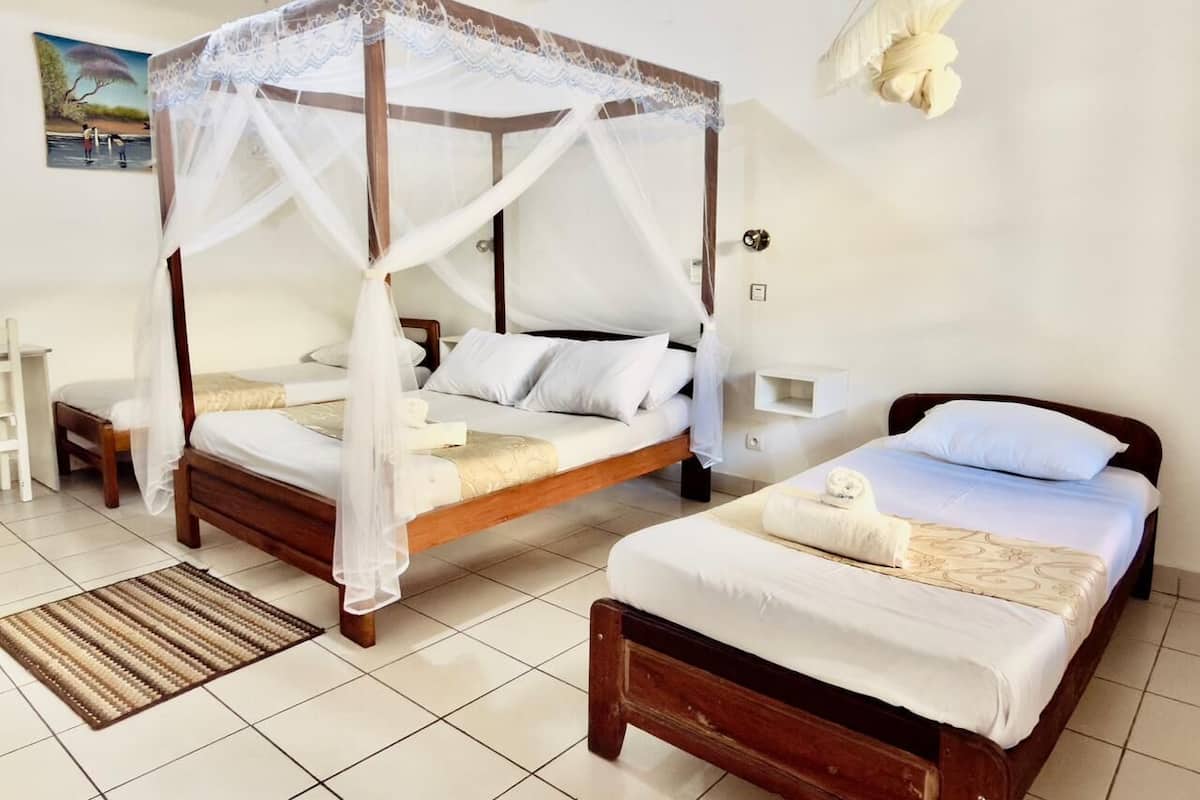 Un dormitorio con dos camas, una con dosel y otra sin. Hay una mesita de noche y una alfombra pequeña en el suelo.