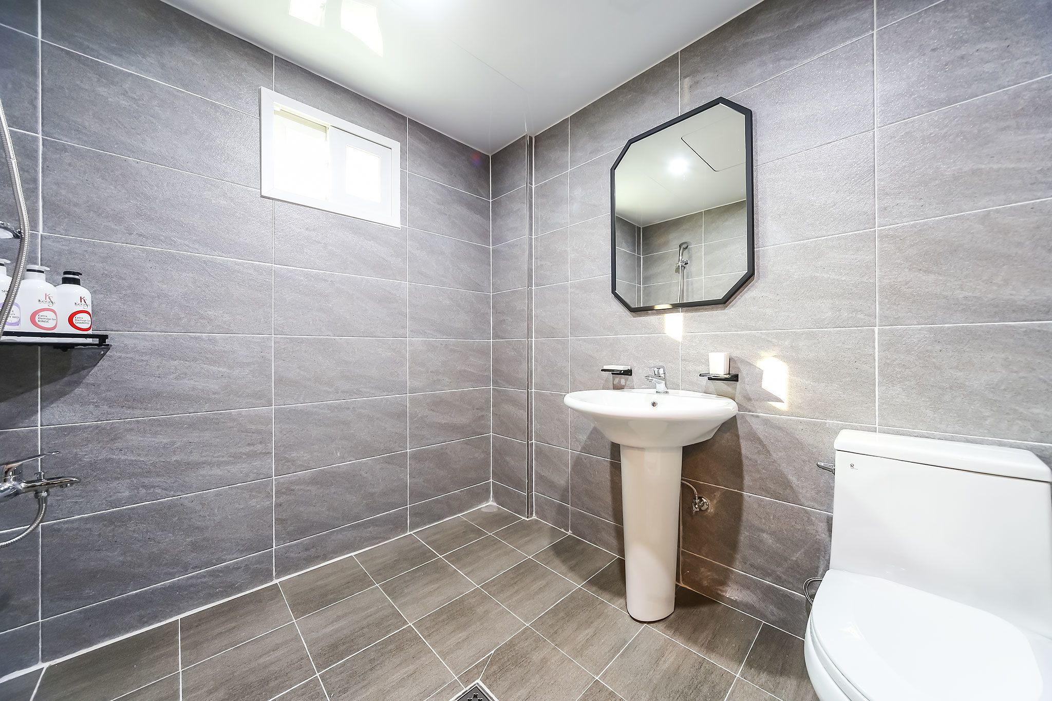 family room (korean style heating) | bathroom | shower, designer toiletries, hair dryer, towels