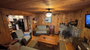 Smart TV, fireplace, DVD player, books