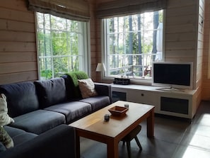 A furnished living room with a sofa, a coffee table, a flat-screen TV, and a window with a view of trees. - Villa raita by Interhome (Rääkkylä)