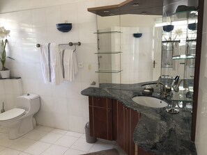 Un baño moderno con inodoro, lavabo y tocador. Hay toallas colgadas en un perchero, una planta en maceta y un espejo con estantes sobre el lavabo.