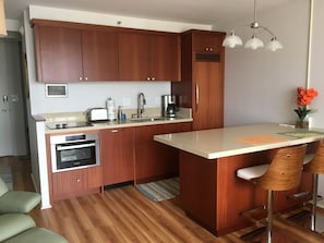 Fridge, microwave, oven, stovetop