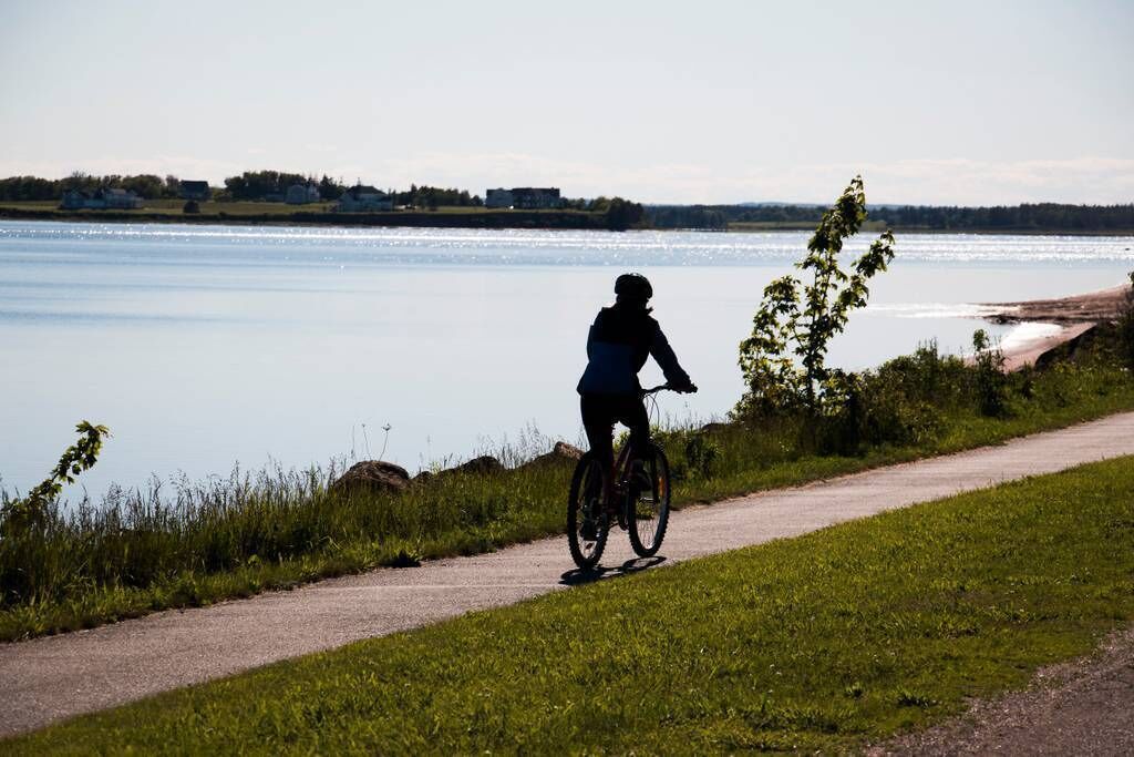 A person riding a bicycle on a paved path beside a body of water.