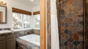 Combined shower/tub, towels, soap, toilet paper