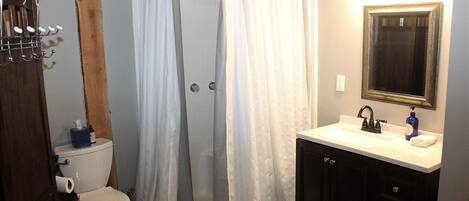 Un baño con ducha, inodoro, lavabo y espejo.