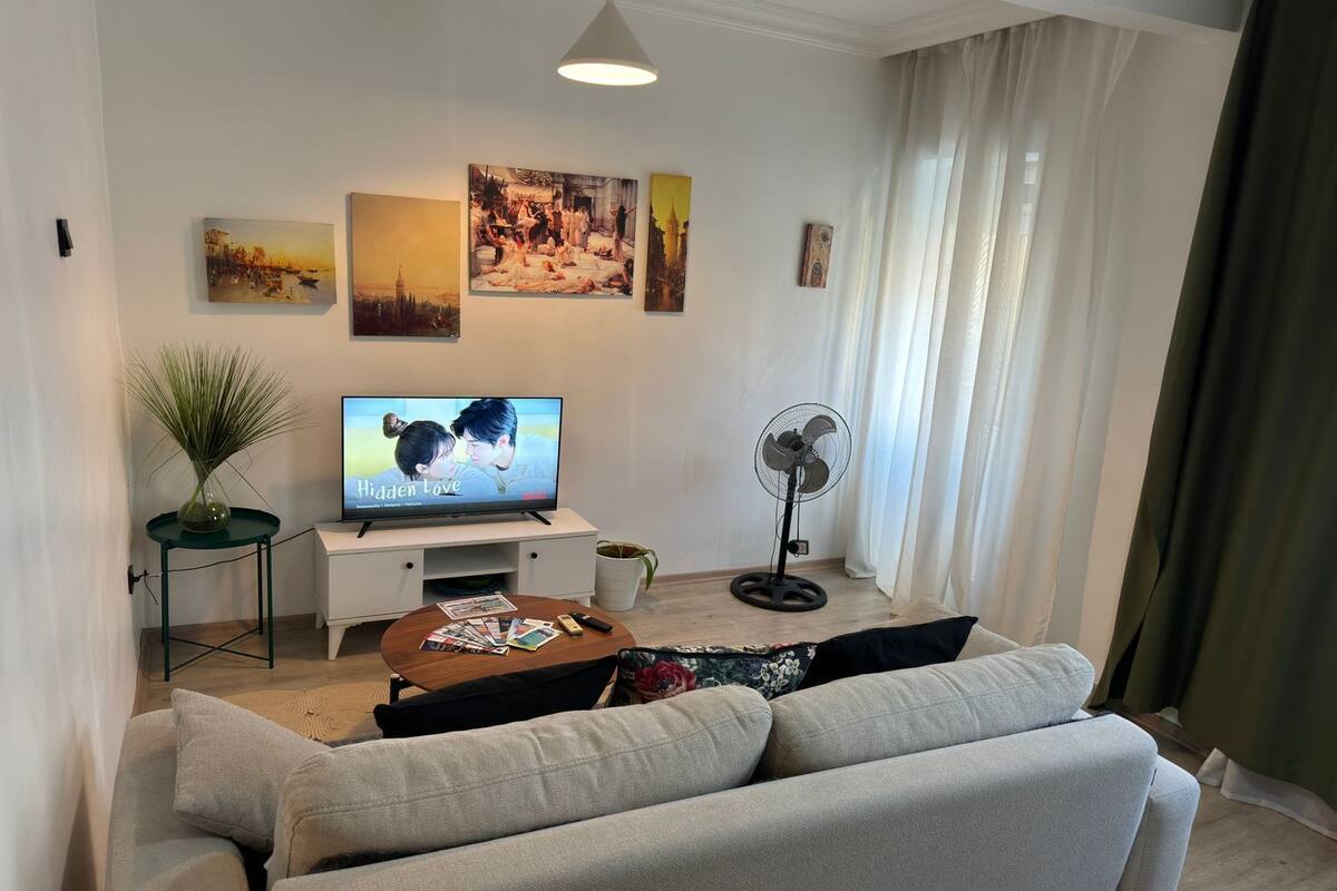 A living room with a sofa, a TV, a fan, and artwork on the wall.