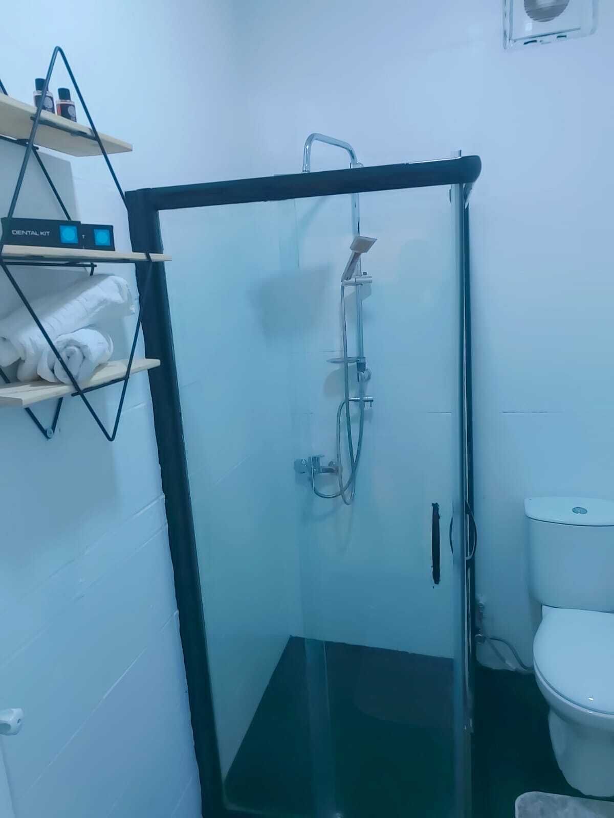 A small bathroom with a glass shower enclosure, a toilet, and a shelf with toiletries.