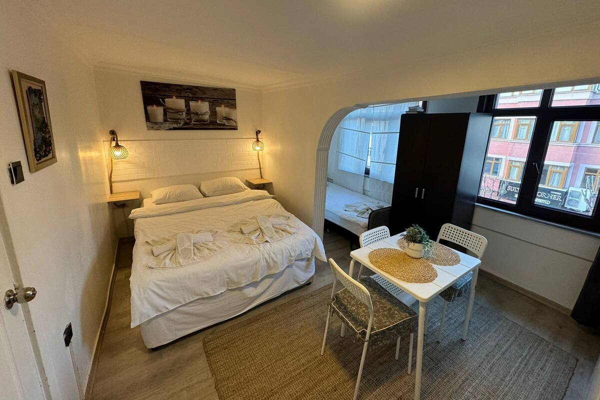 A compact hotel room with a bed, bedside lamps, a small table with a plant, and a view of the street through a window.