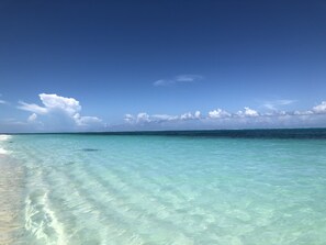 A clear view of a beach with turquoise water and a sandy shore.