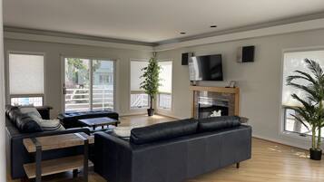 TV connectée, cheminée, livres, chaßne hi-fi