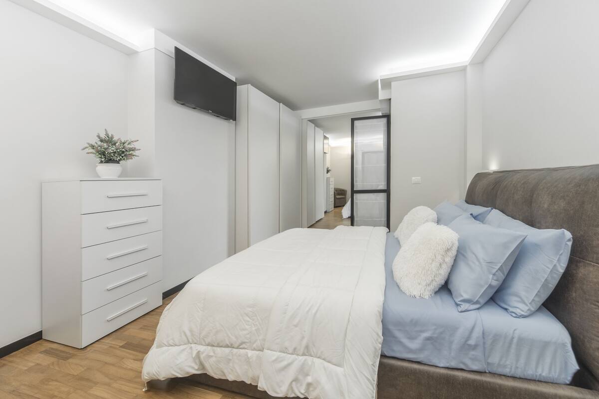 Un dormitorio moderno con una cama, un aparador, un televisor y una planta.
