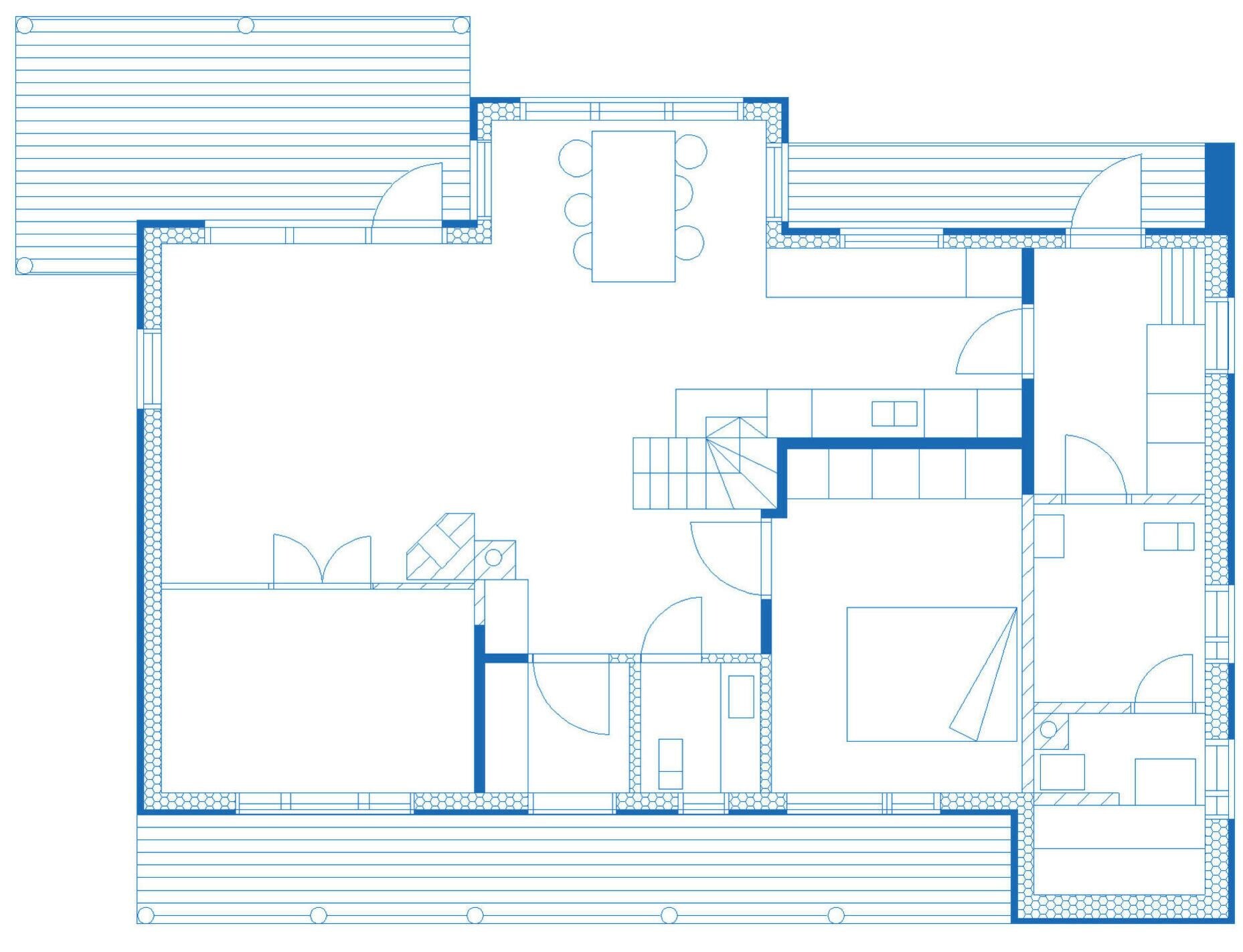 Een plattegrond met verschillende kamers, een eetruimte en een keuken.