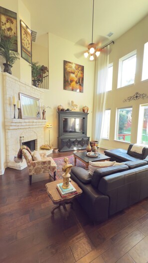 Télévision, cheminée, lecteur de DVD, livres