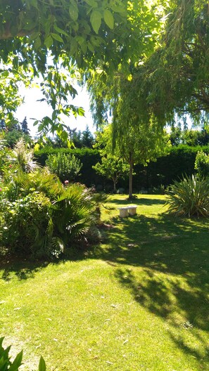 A well-maintained garden with a variety of plants and a stone bench.