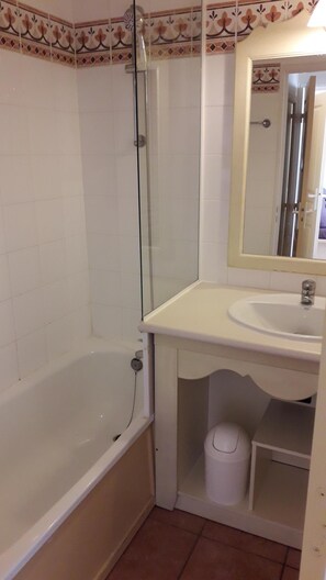 Bathtub, hair dryer, towels, soap