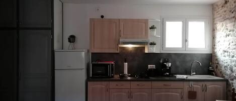 Fridge, microwave, stovetop, coffee/tea maker