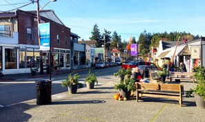 Una calle con comercios, un banco y plantas en macetas.