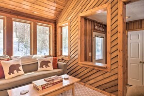 Televisión, chimenea y libros 