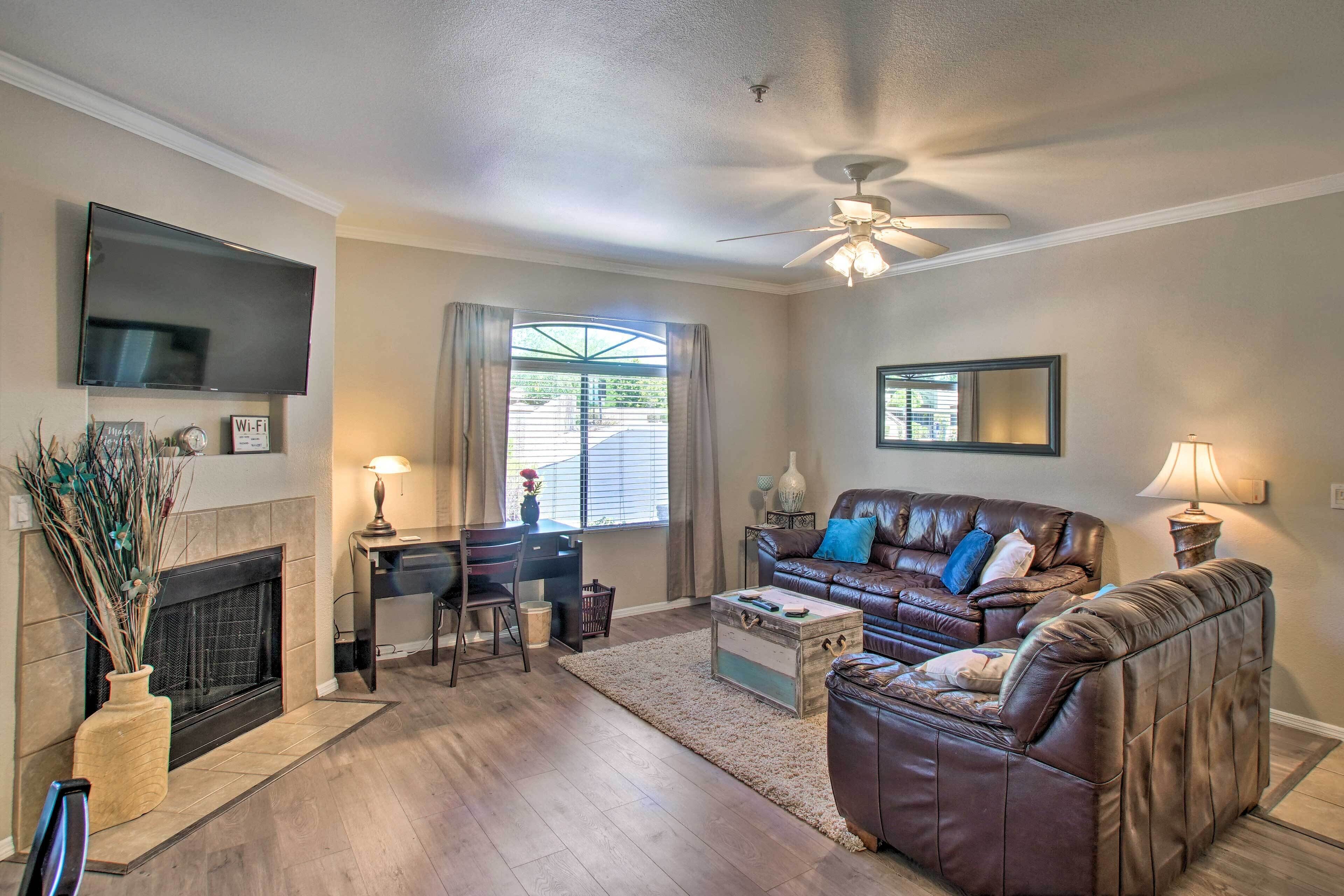TV, fireplace, books, offices