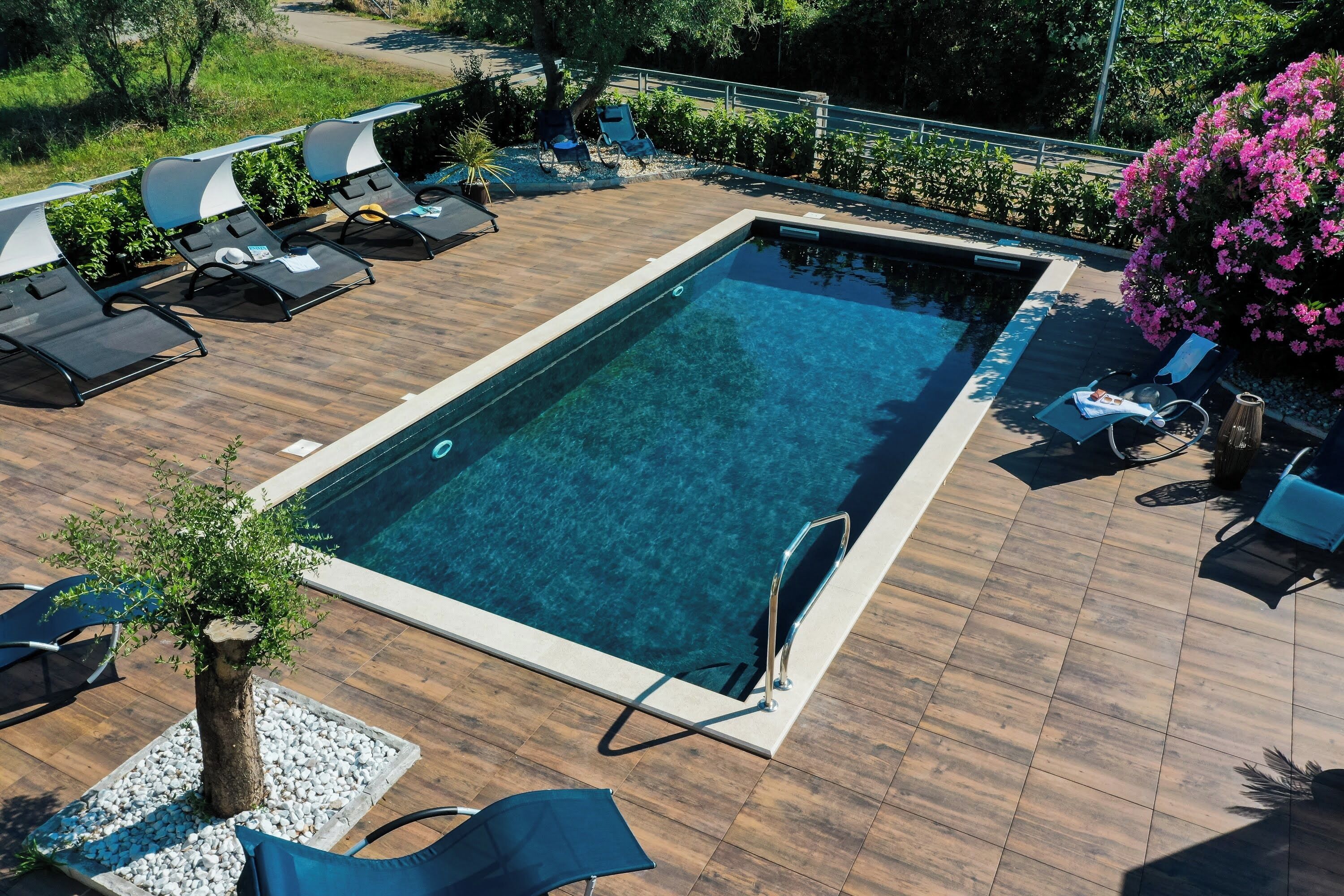 A rectangular swimming pool with a wooden deck, surrounded by lounge chairs and a small tree.