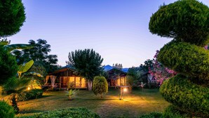 A well-maintained garden with neatly trimmed bushes and a small tree. There are two wooden structures with lights, possibly guest rooms or a lounge area.