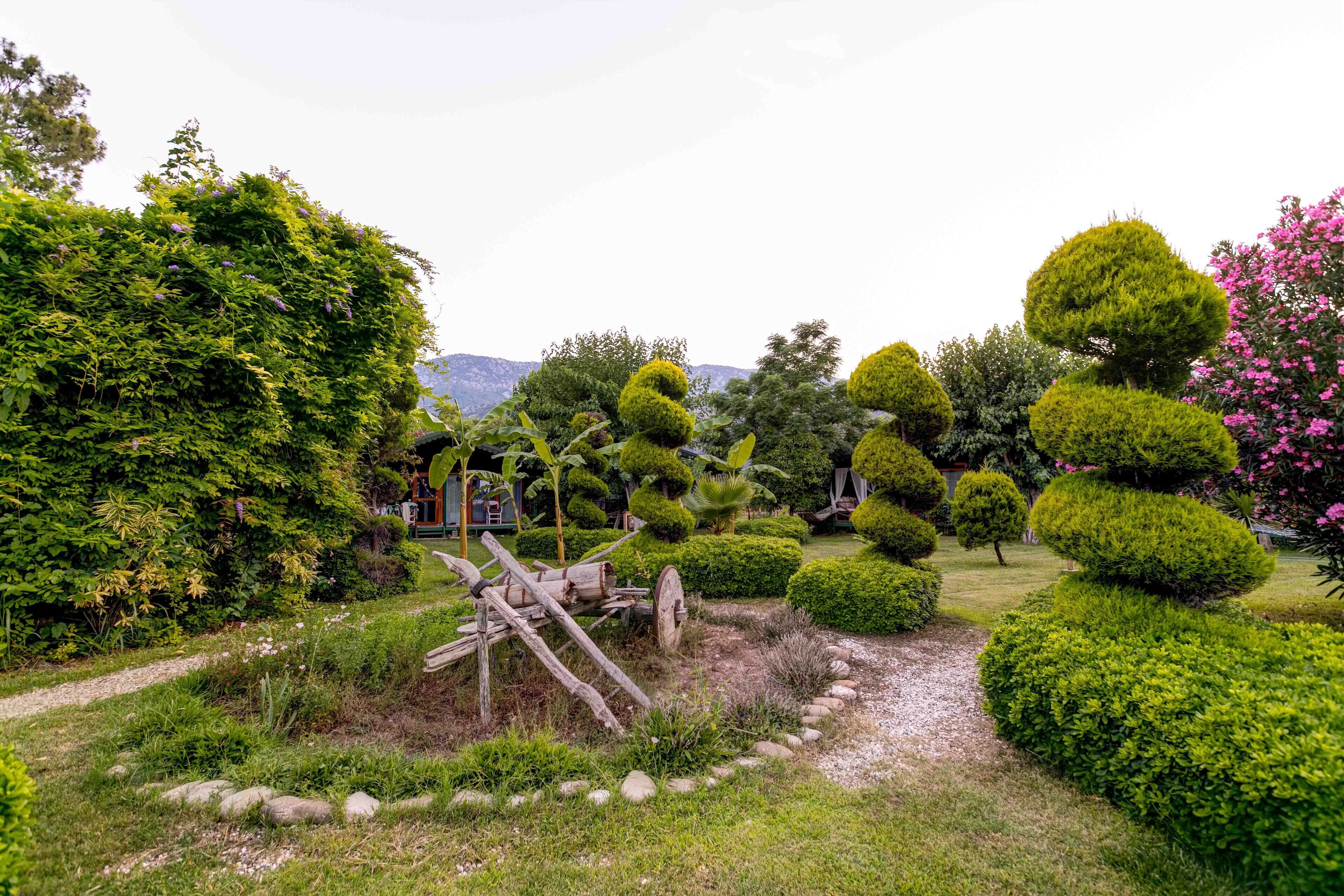 Un jardín bien cuidado con setos recortados, una estructura de madera rústica y un camino de grava.