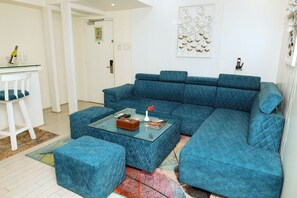 Minibar, desk, laptop workspace, blackout curtains