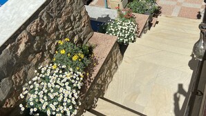 Un escalier en pierre, agrémenté de jardinières de chaque côté, mène à un espace extérieur abrité.