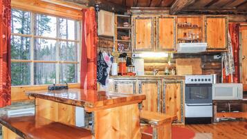 Frigorífico, microondas, horno y utensilios de cocina