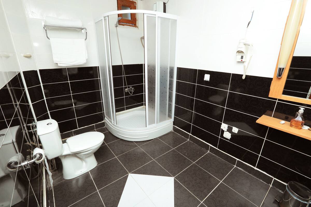 shower, rainfall showerhead, hair dryer, slippers