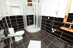 Shower, rainfall showerhead, hair dryer, slippers