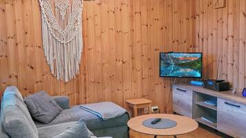 Een knus vertrek met een houten wand, een grijze bank, een televisie en een klein tafeltje.