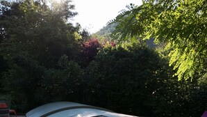 A dining table with breakfast items and a pool in the background.