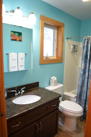 Combined shower/bathtub, hair dryer, towels, soap