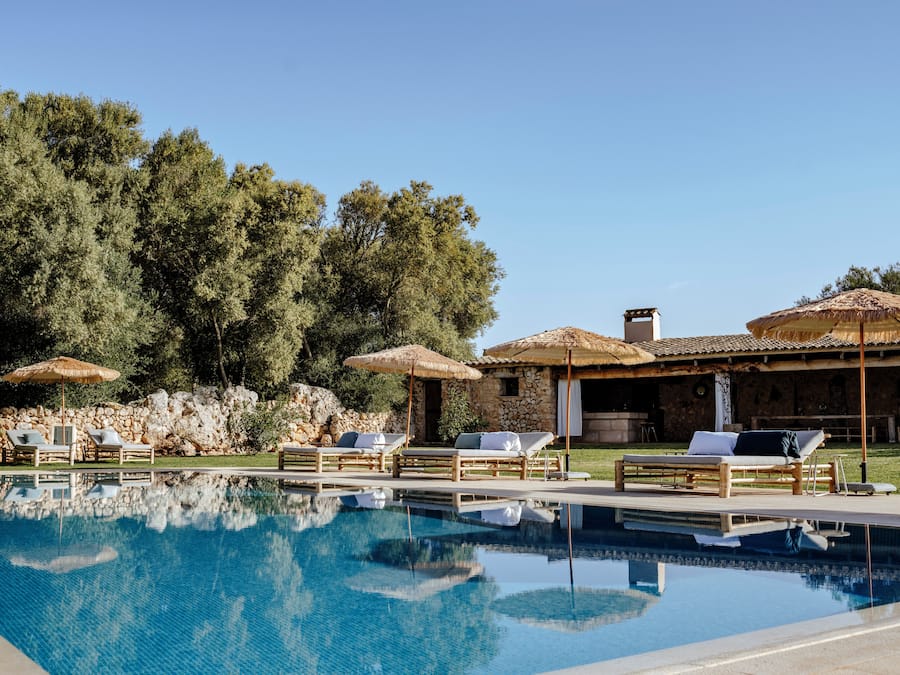 Outdoor pool, pool umbrellas, pool loungers