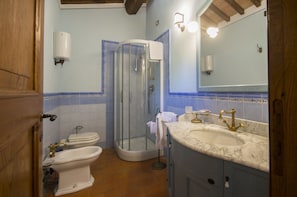 A bathroom with a toilet, bidet, glass shower enclosure, and a sink with a marble countertop. - Maestà del Sasso (Cortona)